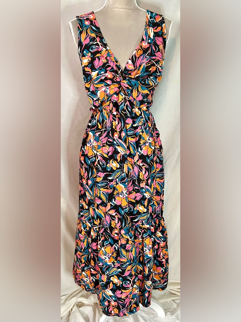 French Connection Black, Multicolor Floral Twist Front Cotton Maxi Dress, Size L